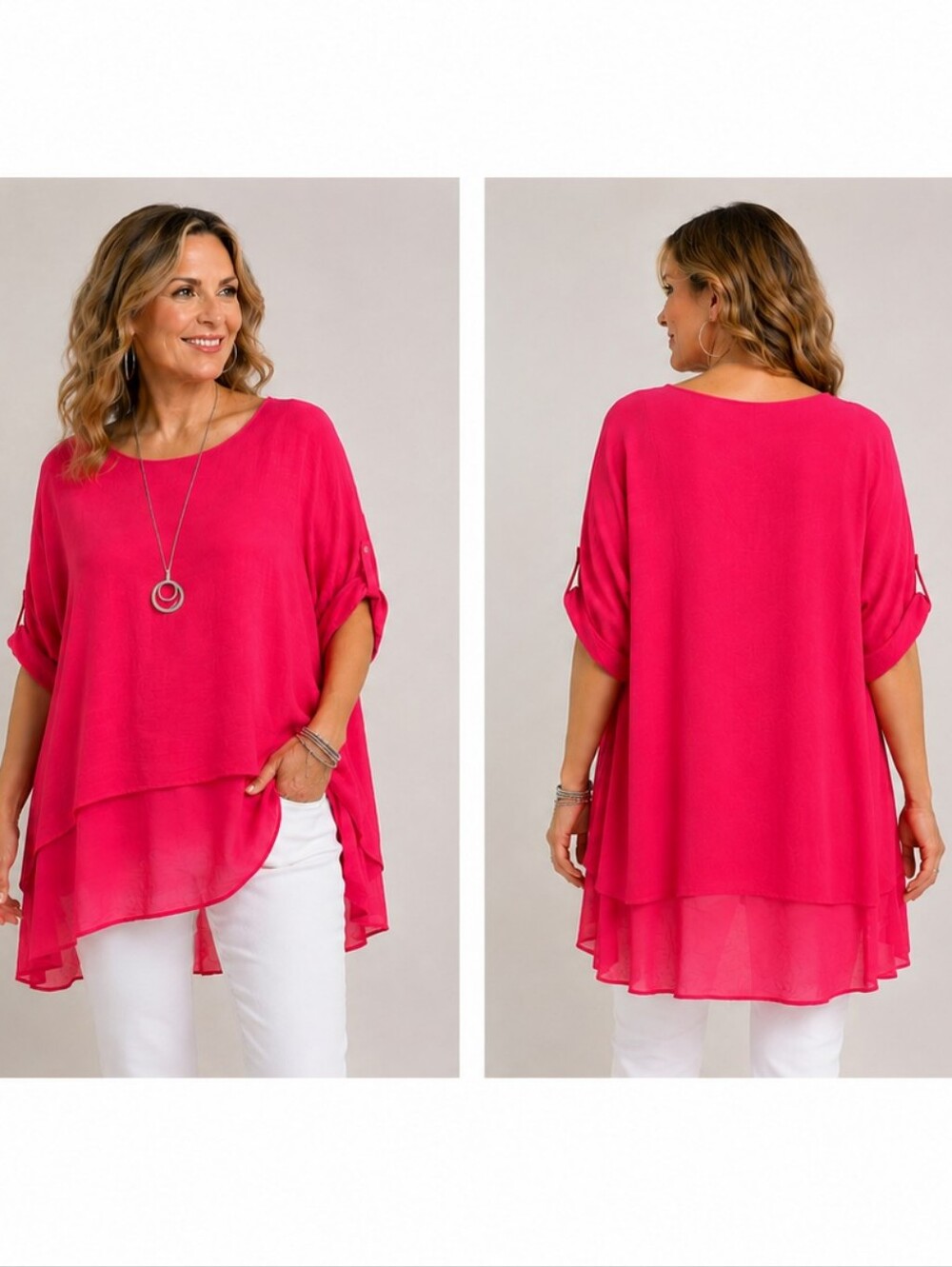 A-151 Umgee USA Fuchsia Open Back Draped Tunic Top Medium Boho Oversized